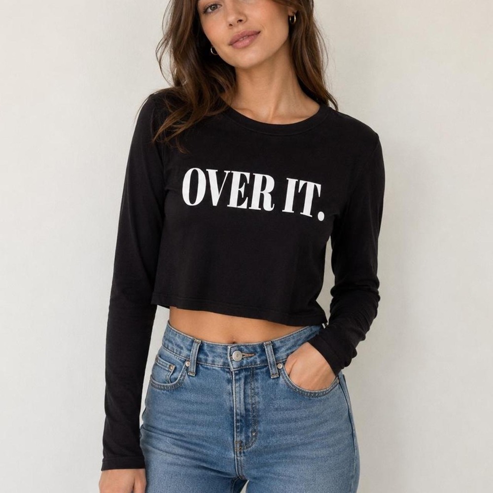 Fashion Nova Over It Black Cropped Long Sleeve Graphic Tee Top Womens
